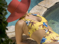 Model wearing swimsuit made of latest DuPont material.